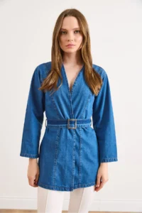 Olalook Women's Medium Blue Belted Seasonal Denim Jacket - Image 2