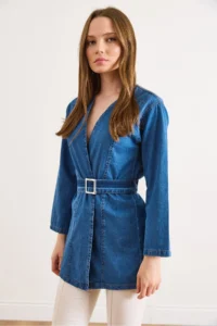 Olalook Women's Medium Blue Belted Seasonal Denim Jacket - Image 3