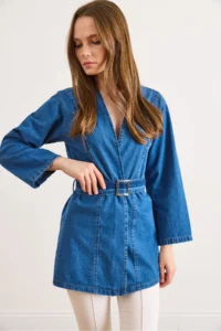 Olalook Women's Medium Blue Belted Seasonal Denim Jacket - Image 4