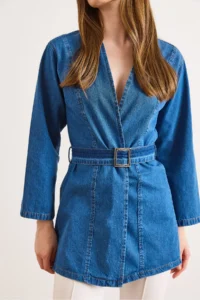 Olalook Women's Medium Blue Belted Seasonal Denim Jacket - Image 5