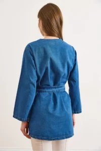 Olalook Women's Medium Blue Belted Seasonal Denim Jacket - Image 6
