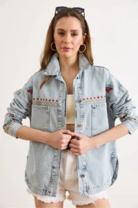 Olalook Women's Light Blue Front Back Floral Embroidery Detailed Washed Denim Jacket - Image 2
