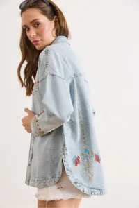 Olalook Women's Light Blue Front Back Floral Embroidery Detailed Washed Denim Jacket - Image 3