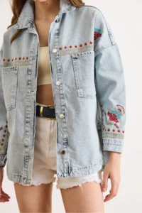 Olalook Women's Light Blue Front Back Floral Embroidery Detailed Washed Denim Jacket - Image 4