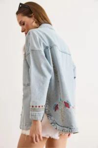 Olalook Women's Light Blue Front Back Floral Embroidery Detailed Washed Denim Jacket - Image 5