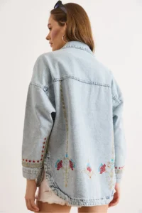 Olalook Women's Light Blue Front Back Floral Embroidery Detailed Washed Denim Jacket - Image 6