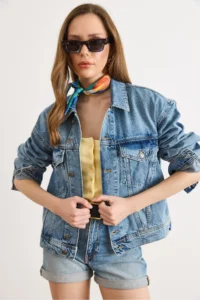 Olalook Women Blue Back Applique DENIM Jacket - Image 2