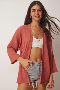 Happiness İstanbul Women's Dusty Rose Layered Collar Textured Seasonal Jacket