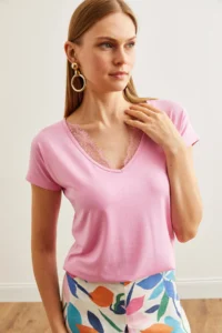 Olalook Women's Candy Pink Collar Lace Loose Viscose Blouse - Image 7
