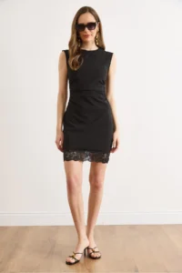 Olalook Women's Black Back Zippered Drape Lace Detailed Mini Dress - Image 2