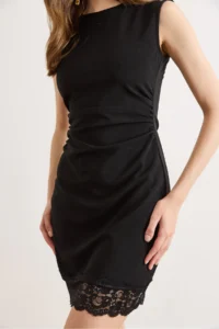 Olalook Women's Black Back Zippered Drape Lace Detailed Mini Dress - Image 3