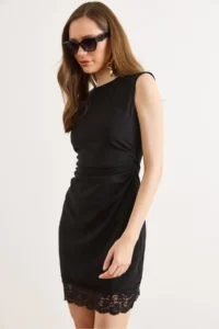 Olalook Women's Black Back Zippered Drape Lace Detailed Mini Dress - Image 4