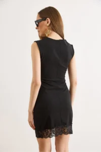 Olalook Women's Black Back Zippered Drape Lace Detailed Mini Dress - Image 6