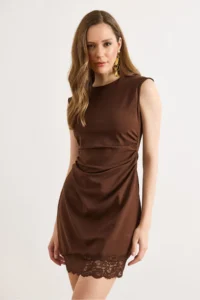 Olalook Women's Brown Back Zippered Drape Lace Detailed Mini Dress - Image 3
