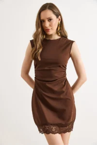 Olalook Women's Brown Back Zippered Drape Lace Detailed Mini Dress - Image 4