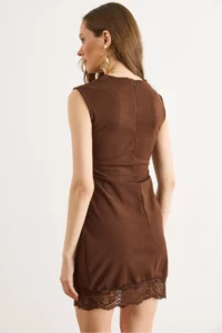 Olalook Women's Brown Back Zippered Drape Lace Detailed Mini Dress - Image 6