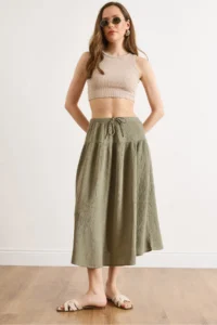 Olalook Women's Khaki Waist Elastic Stitching Detailed Muslin Skirt