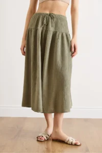 Olalook Women's Khaki Waist Elastic Stitching Detailed Muslin Skirt - Image 2