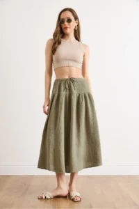 Olalook Women's Khaki Waist Elastic Stitching Detailed Muslin Skirt - Image 3