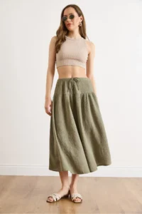 Olalook Women's Khaki Waist Elastic Stitching Detailed Muslin Skirt - Image 4
