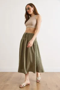 Olalook Women's Khaki Waist Elastic Stitching Detailed Muslin Skirt - Image 5