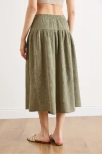 Olalook Women's Khaki Waist Elastic Stitching Detailed Muslin Skirt - Image 6