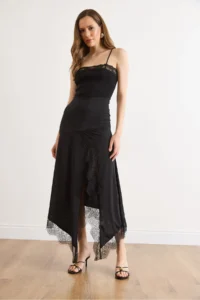 Olalook Women's Black Slit Asymmetrical Lace Detailed Sandy Skirt - Image 4