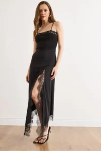 Olalook Women's Black Slit Asymmetrical Lace Detailed Sandy Skirt - Image 5
