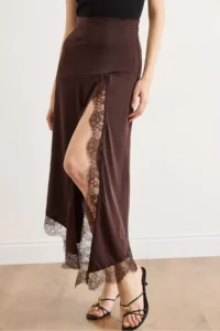 Olalook Women's Brown Slit Asymmetrical Lace Detailed Sandy Skirt - Image 2