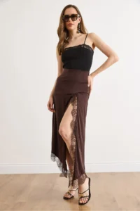 Olalook Women's Brown Slit Asymmetrical Lace Detailed Sandy Skirt - Image 3