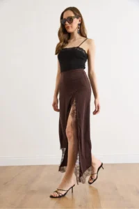Olalook Women's Brown Slit Asymmetrical Lace Detailed Sandy Skirt - Image 4