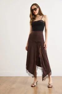 Olalook Women's Brown Slit Asymmetrical Lace Detailed Sandy Skirt - Image 5