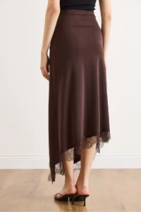 Olalook Women's Brown Slit Asymmetrical Lace Detailed Sandy Skirt - Image 6