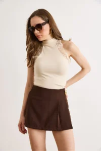 Olalook Women's Brown Accessory Detailed Mini Skirt with Shorts - Image 3