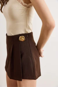 Olalook Women's Brown Accessory Detailed Mini Skirt with Shorts - Image 4