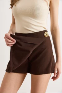 Olalook Women's Brown Accessory Detailed Mini Skirt with Shorts - Image 5