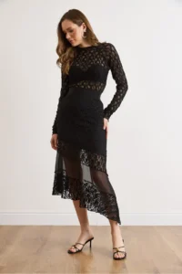 Olalook Women's Black Tulle Detailed Lined Lace Skirt - Image 3