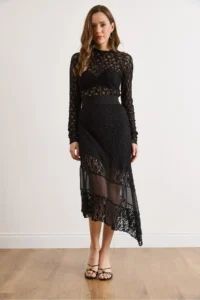 Olalook Women's Black Tulle Detailed Lined Lace Skirt - Image 4