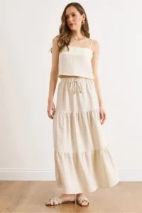 Olalook Women's Stone Waist Elastic Maxi Linen Skirt