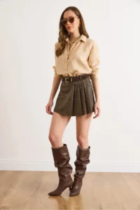 Olalook Women's Brown Self-Fabric Shorts and Belted Fully Mini Skirt - Image 2