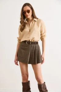 Olalook Women's Brown Self-Fabric Shorts and Belted Fully Mini Skirt - Image 3