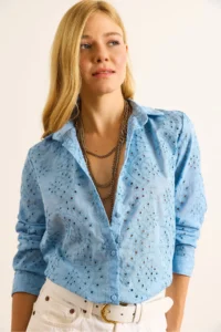 Olalook Women's Baby Blue Scallop Regular Fit Cotton Shirt