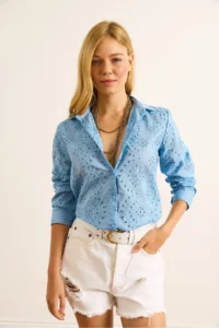 Olalook Women's Baby Blue Scallop Regular Fit Cotton Shirt - Image 3