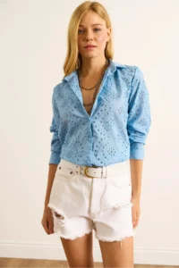 Olalook Women's Baby Blue Scallop Regular Fit Cotton Shirt - Image 4