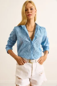 Olalook Women's Baby Blue Scallop Regular Fit Cotton Shirt - Image 5