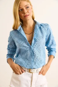 Olalook Women's Baby Blue Scallop Regular Fit Cotton Shirt - Image 6