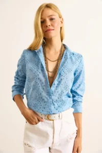 Olalook Women's Baby Blue Scallop Regular Fit Cotton Shirt - Image 7