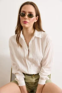 Olalook Women WHITE textured Rahat Pattern Shirt - Image 2