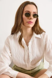 Olalook Women WHITE textured Rahat Pattern Shirt - Image 3