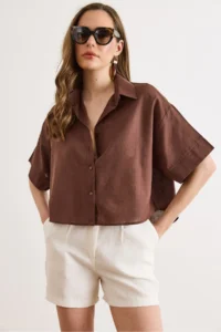 Olalook Women's Brown Six Oval Loose Fit Cotton Flam Shirt